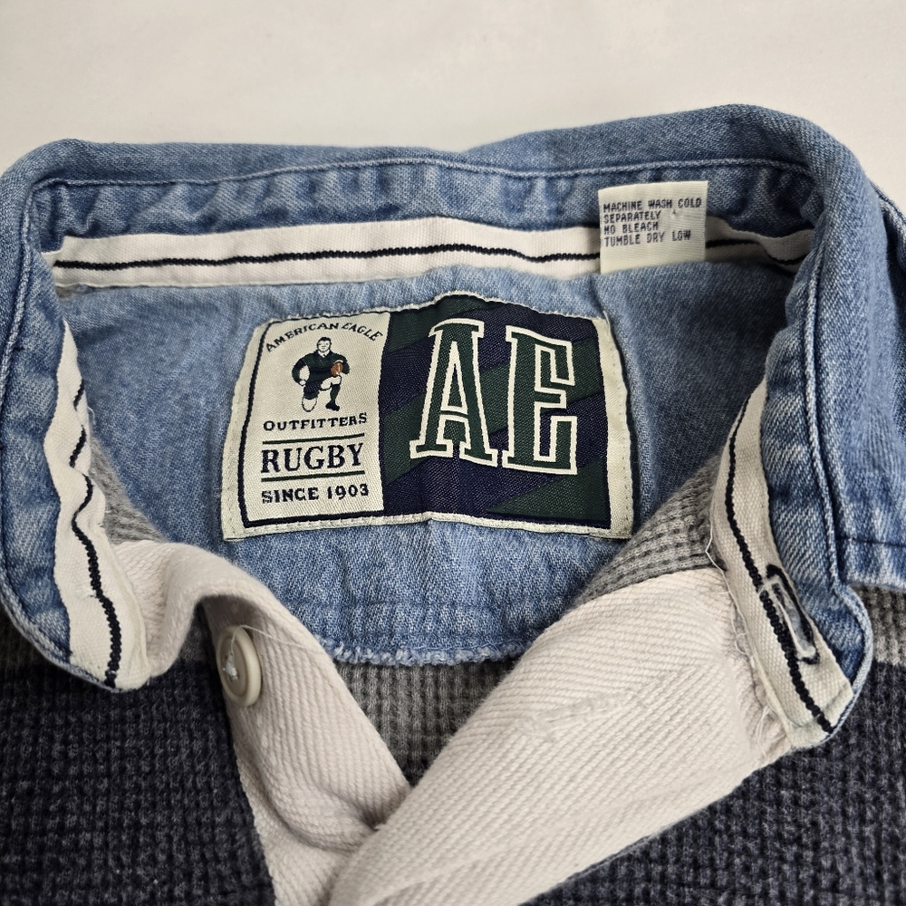 Vintage American Eagle Rugby Striped Thermal Denim Collart Shirt - Picture 2 of 7